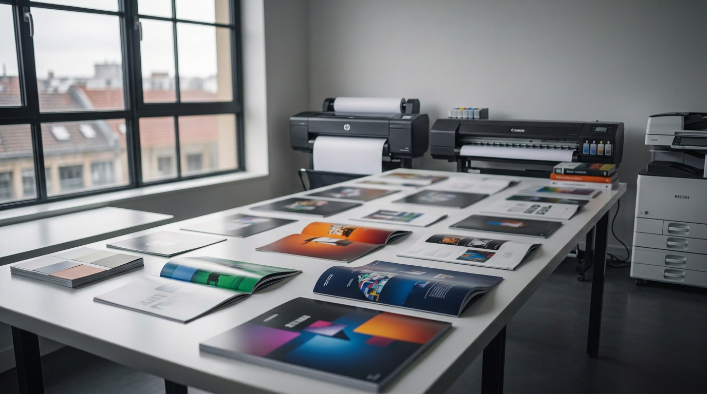A series of freshly printed brochures and catalogs laid out on a long, matte white worktable in a graphic production studio, showcasing vibrant colors and razor-sharp details. The papers vary in finishes, from silky matte to glossy UV-coated surfaces, each reflecting light differently. Behind them, blurred large-format prints and packaging mockups hint at diverse services without showing text. Soft, natural daylight from a nearby window mixes with neutral overhead lighting, creating balanced illumination without harsh shadows. The mood is meticulous and quality-driven. Captured from a slightly elevated angle with shallow depth of field, the foreground samples are in crisp focus while the background gently blurs, reinforcing attention to print quality and color accuracy.