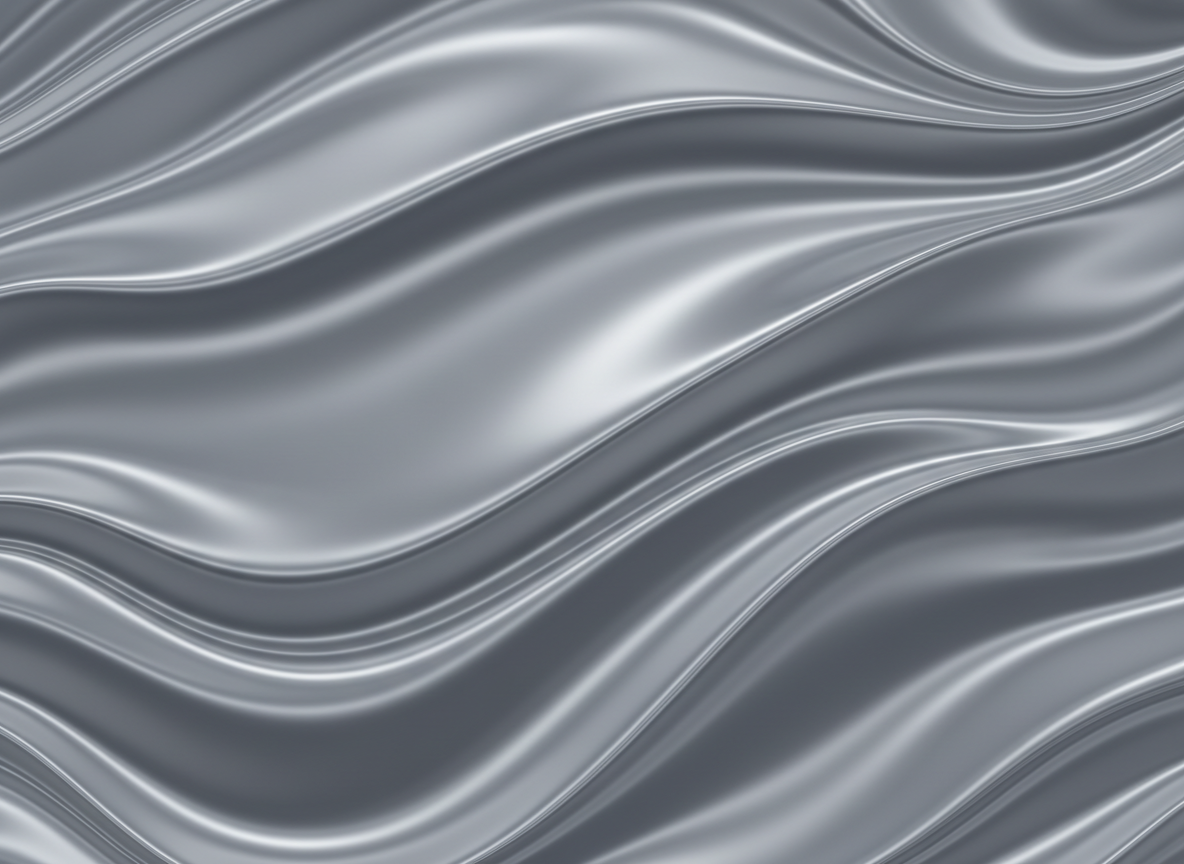 Abstract background with smooth flowing wave curves in silver, light gray, and dark gray tones. Elegant fluid lines suggesting movement, like silk or metallic foil. No text, no people, no logos. Metallic silver and charcoal gray palette, professional and refined. Soft gradient transitions between waves. Full-width background image.