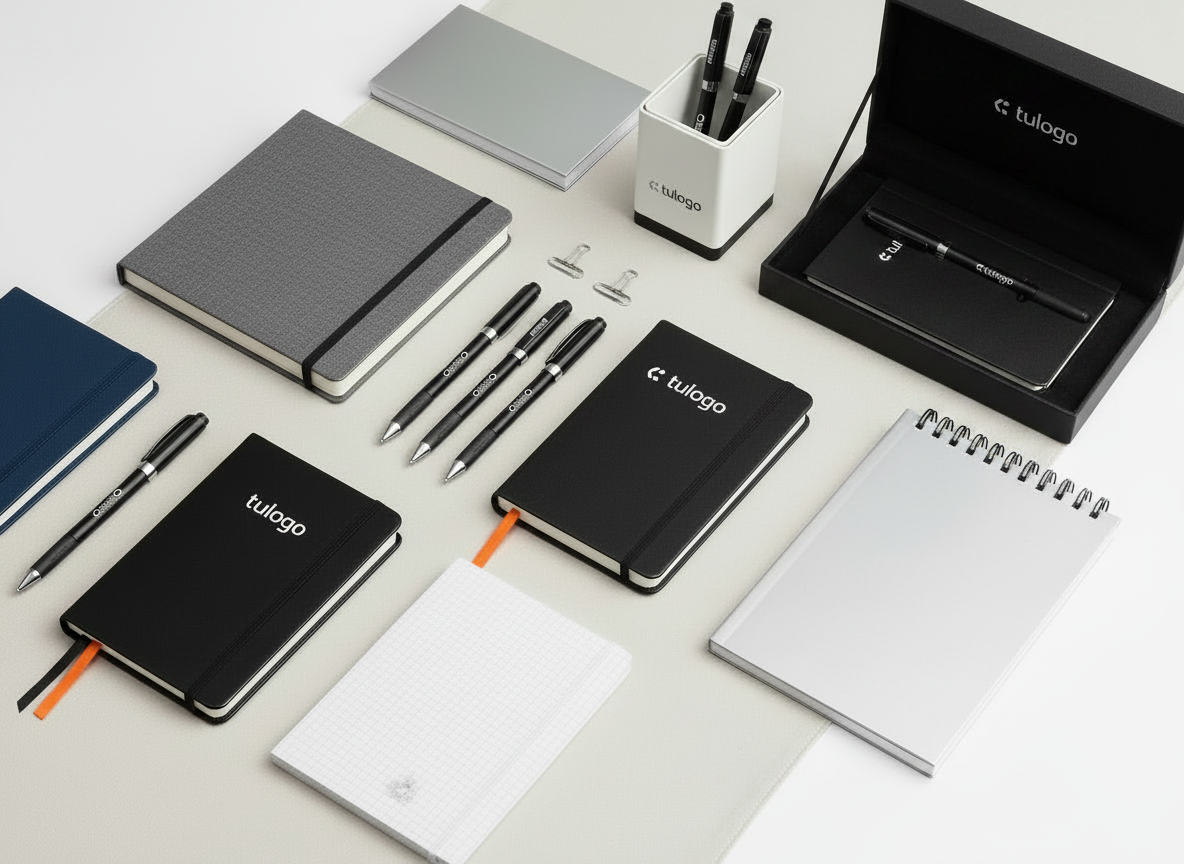 Professional flat lay on a clean white background showing corporate branded office writing products. Keep the same composition as before with: multiple ballpoint pens with "tulogo" branding, executive notebooks with elastic band closure, spiral-bound notebooks, hardcover notebooks. ADD as one of the products in the arrangement: an elegant black gift box (open) containing a hardcover notebook and a branded pen, similar to a premium executive kit presentation box. All products arranged neatly on a light neutral surface. Clean minimal professional photography style, top-down flat lay, soft shadows. NO staplers, NO unrelated office equipment.