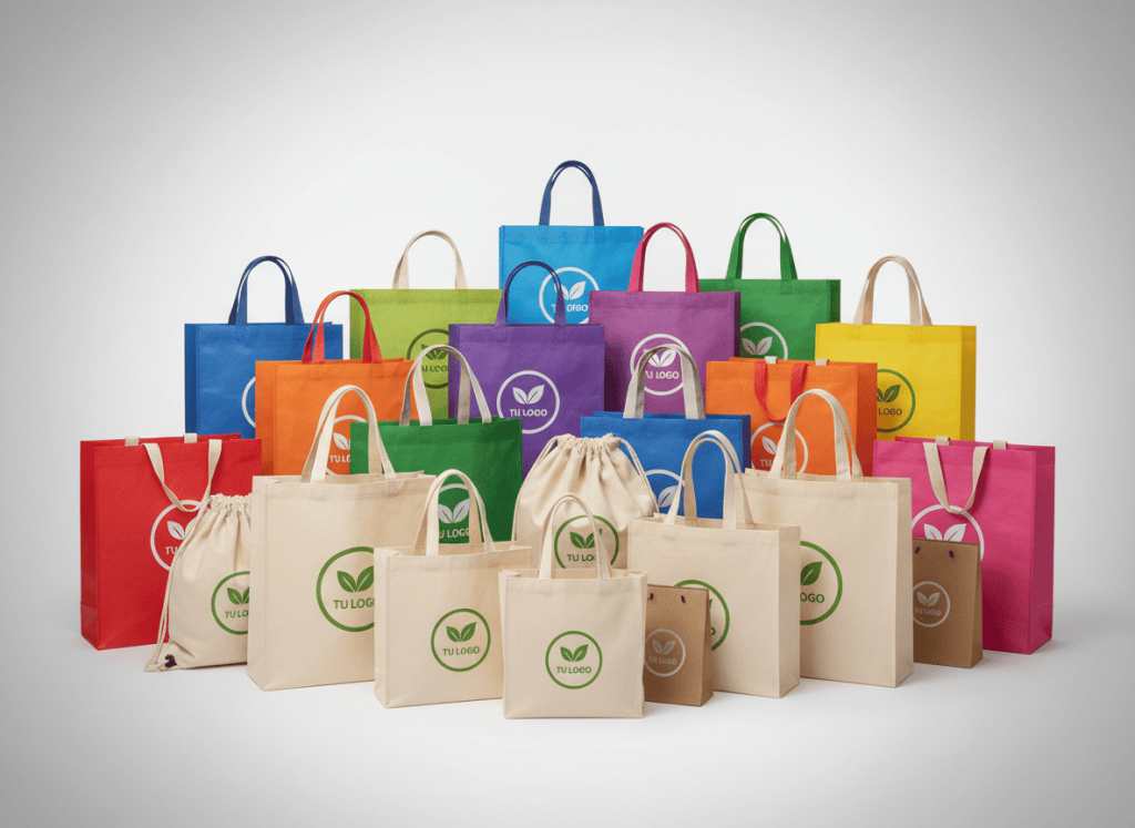 Professional studio product photography. Large collection of reusable promotional bags displayed and propped up for retail exhibition, perfectly CENTERED in frame with equal space on all sides.