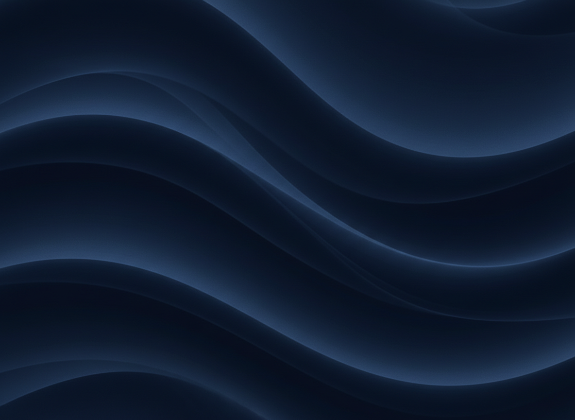 Abstract dark navy blue background with very soft smooth flowing wave curves, ultra subtle fluid lines suggesting movement, like ink or paper in motion, barely visible, elegant and minimal. No text, no people, no logos. Deep blue tones, extremely gentle wave pattern, professional and refined.