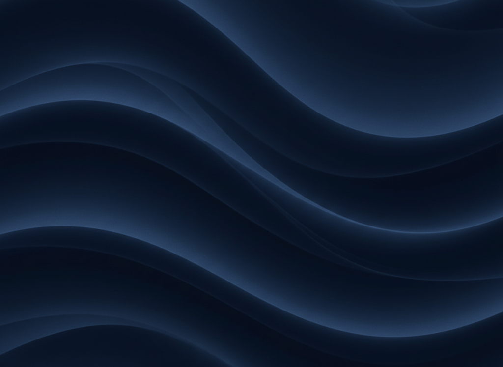 Abstract dark navy blue background with very soft smooth flowing wave curves, ultra subtle fluid lines suggesting movement, like ink or paper in motion, barely visible, elegant and minimal. No text, no people, no logos. Deep blue tones, extremely gentle wave pattern, professional and refined.