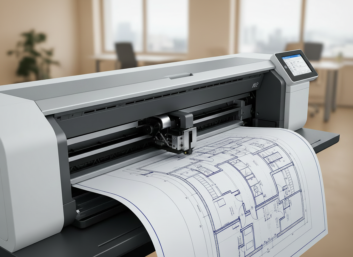 Take this exact same photo of a technical printing office with a large format plotter/printer, technical drawings and blueprints on a desk. Keep everything exactly the same — the plotter machine, the desk, the blueprints, the lighting, the window — but change the wall color in the background to warm beige. Keep all other elements identical. Photorealistic style.
